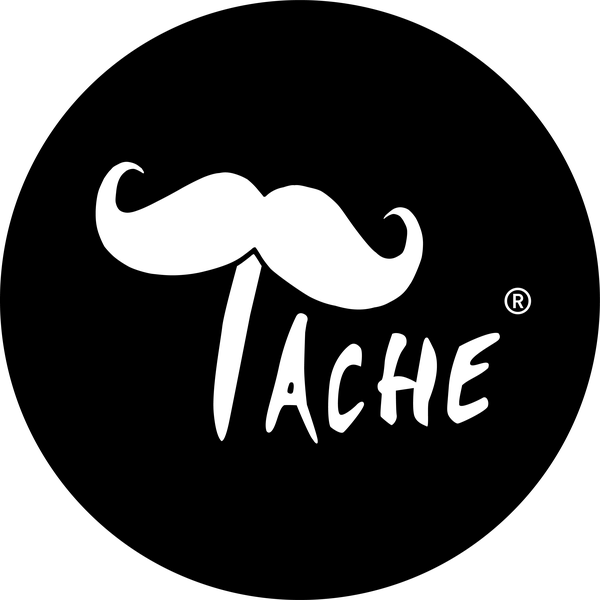 Tache logo: a white moustache and the name on a black disc