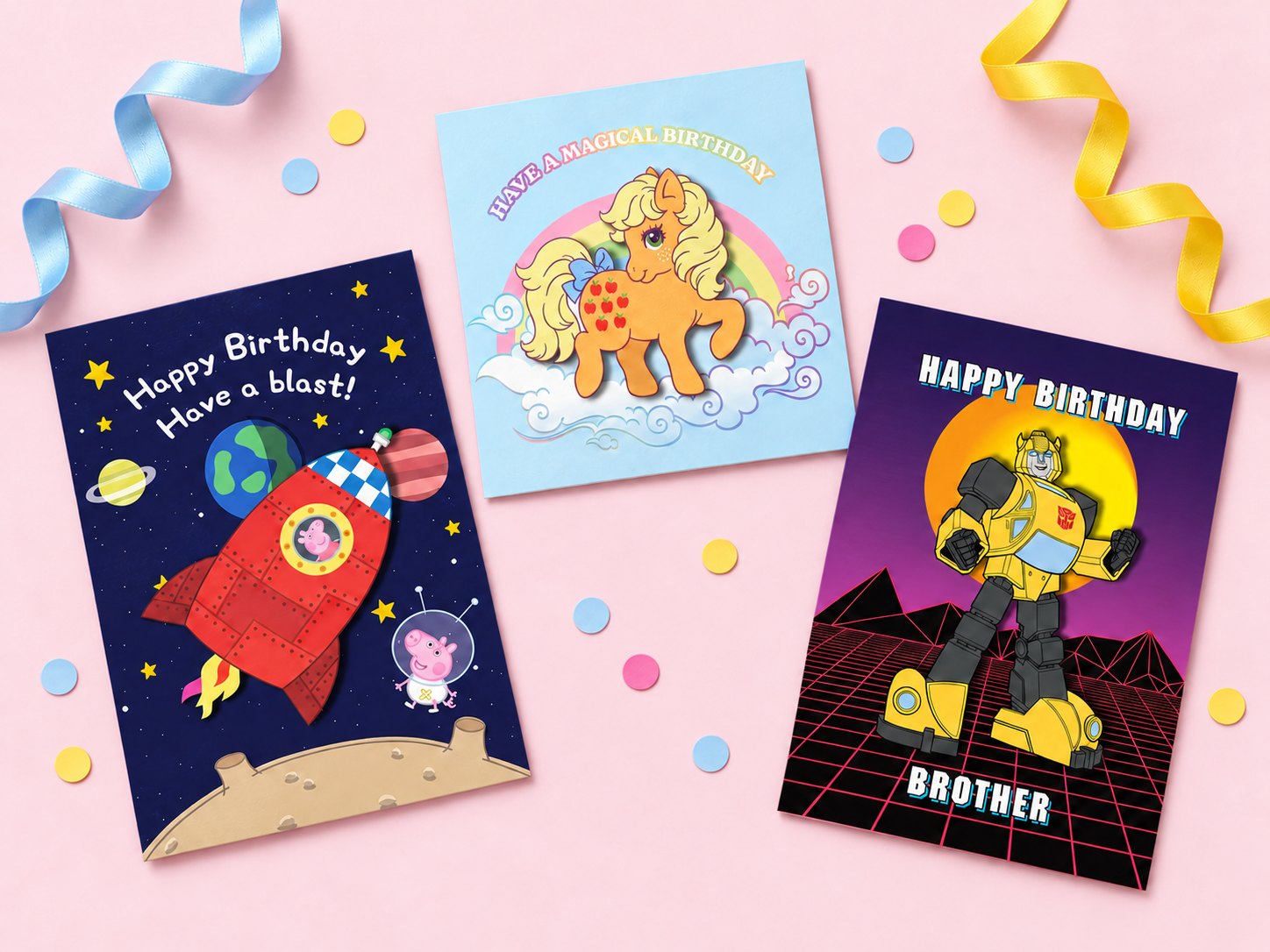 Three Tache cards for Hasbro properties: Peppa Pig in a rocket, “Have a blast!”, a My Little Pony, “Have a magical birthday”, and Bumblebee from Transformers, “Happy birthday brother”