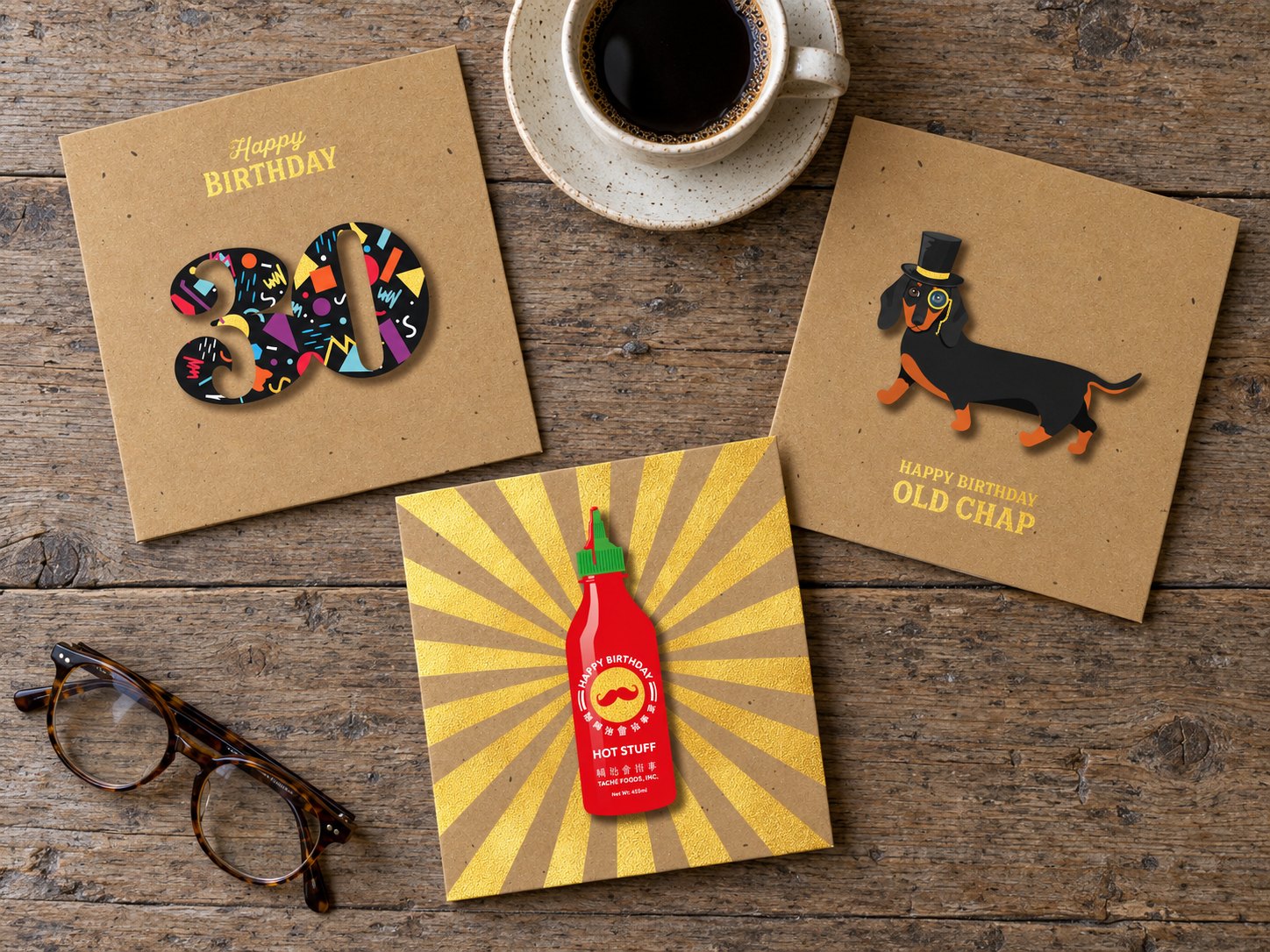 Three Tache kraft cards with gold foil: a patterned “30”, a hot-sauce bottle reading “Hot stuff” with a moustache, and a dachshund in a top hat, “Happy birthday old chap”