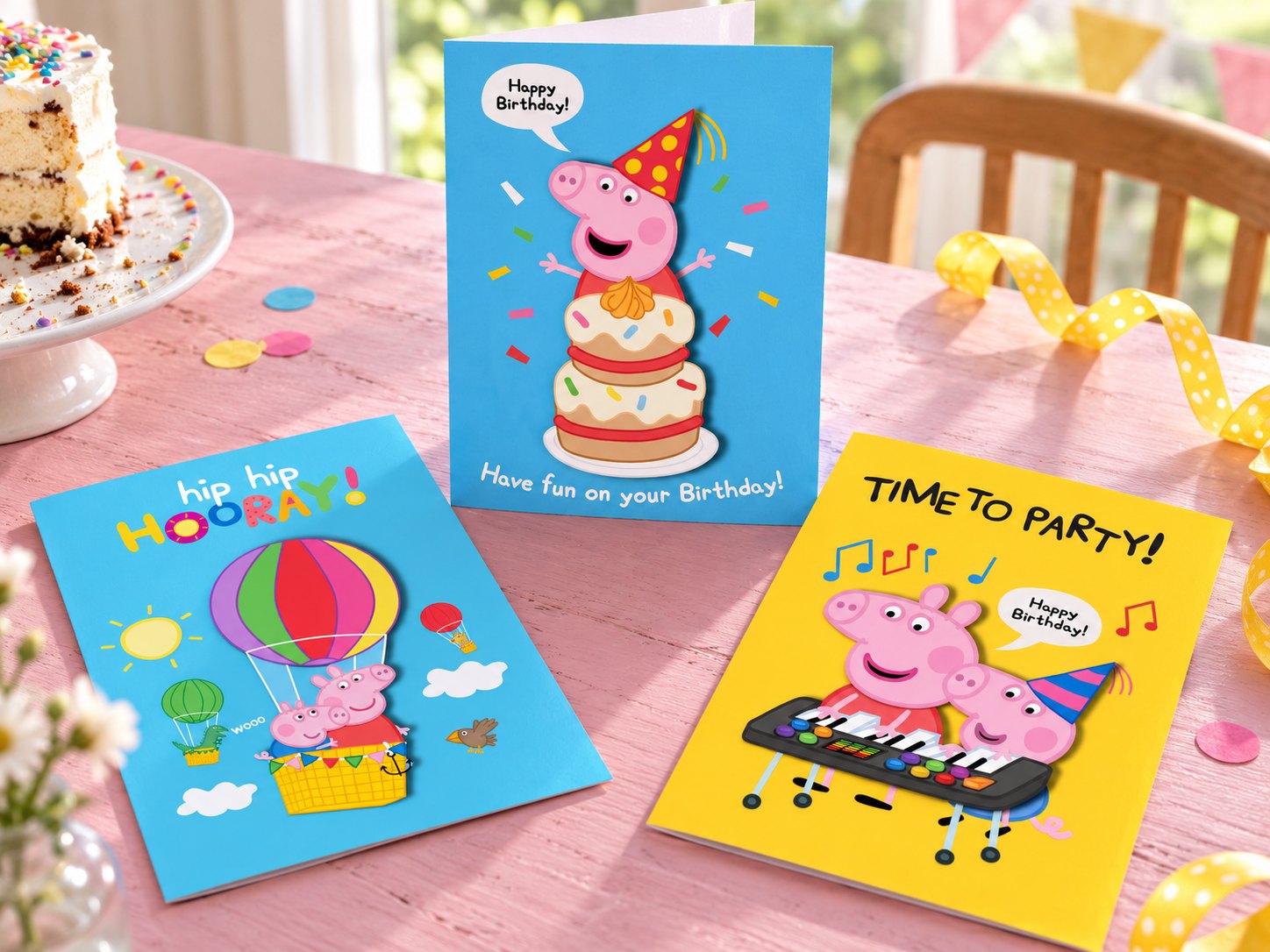 Three Tache Peppa Pig birthday cards: Peppa and George in a hot-air balloon, Peppa on a birthday cake and the two playing a keyboard, “Time to party!”