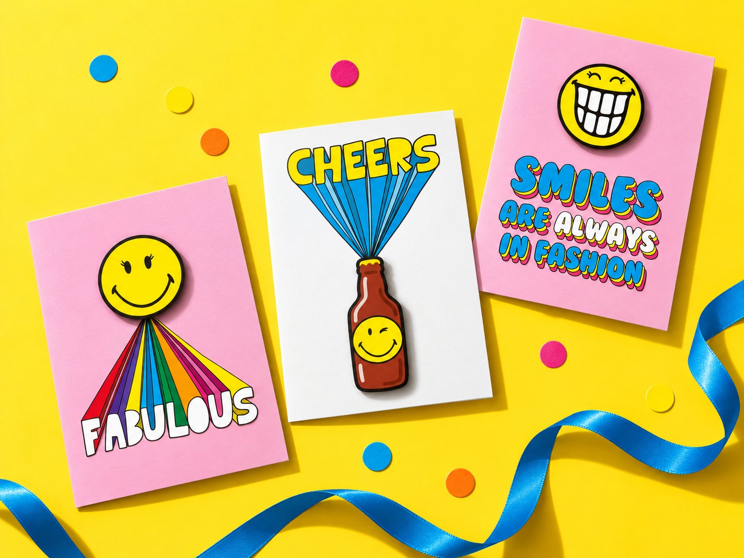 Three Tache Smiley cards on yellow: “Fabulous” with a rainbow, “Cheers” with a winking Smiley bottle and “Smiles are always in fashion”