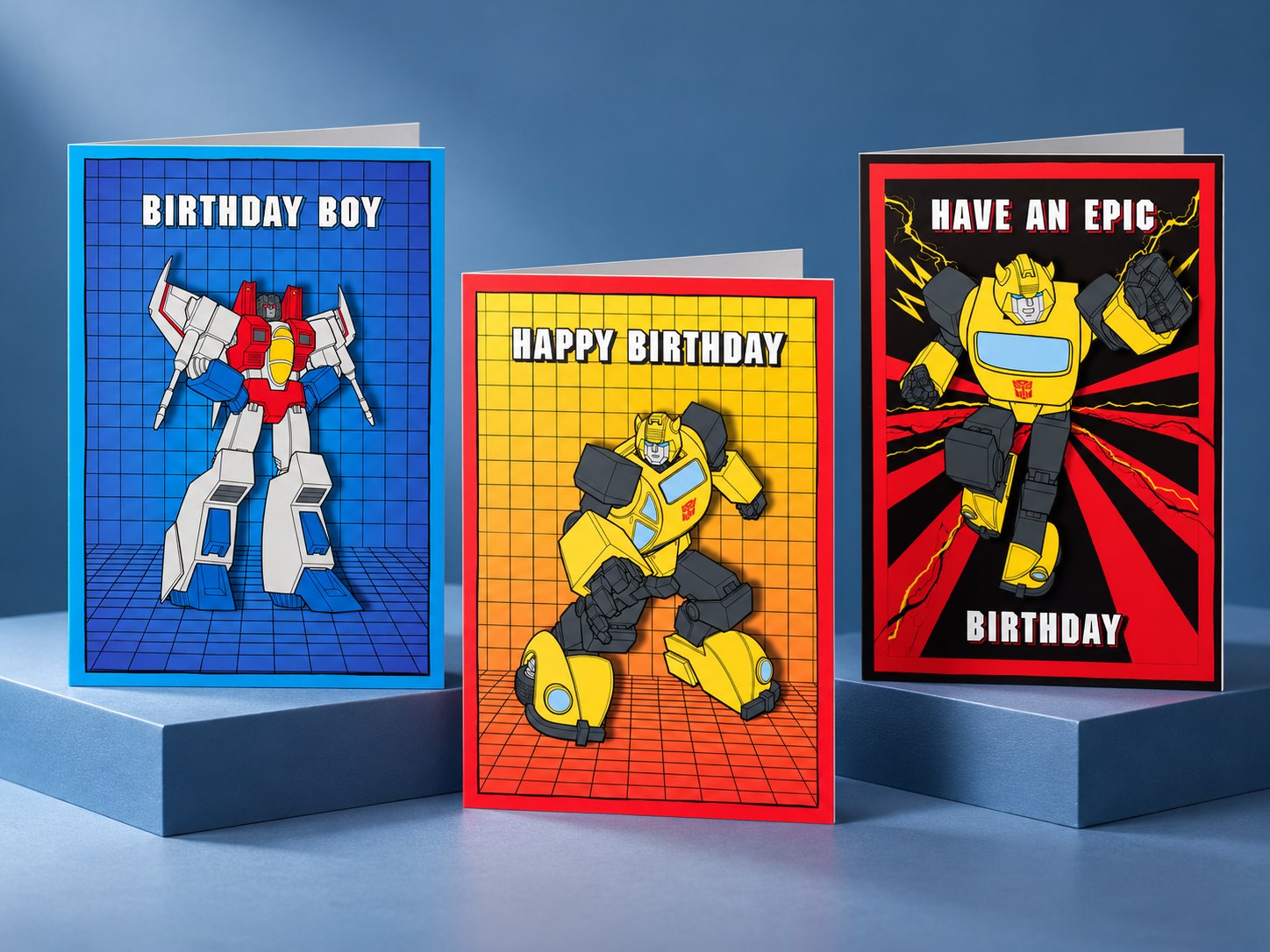 Three Tache Transformers birthday cards: Starscream, “Birthday boy”, and two Bumblebee cards, “Happy birthday” and “Have an epic birthday”