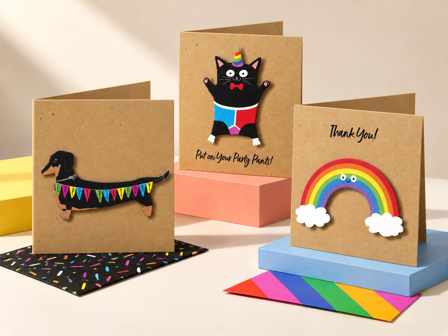 Three Krafty Collection cards on kraft board: a sausage dog wearing birthday bunting, a cat in party pants and a smiling rainbow that says “Thank You!”