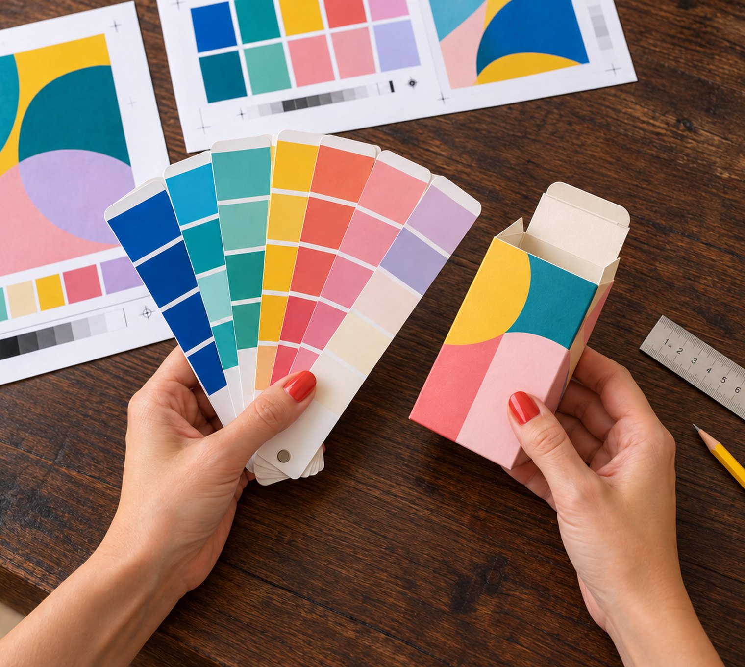 Hands holding a fan of colour swatches beside a printed sample box, with colour proofs and their print-check strips on a wooden desk