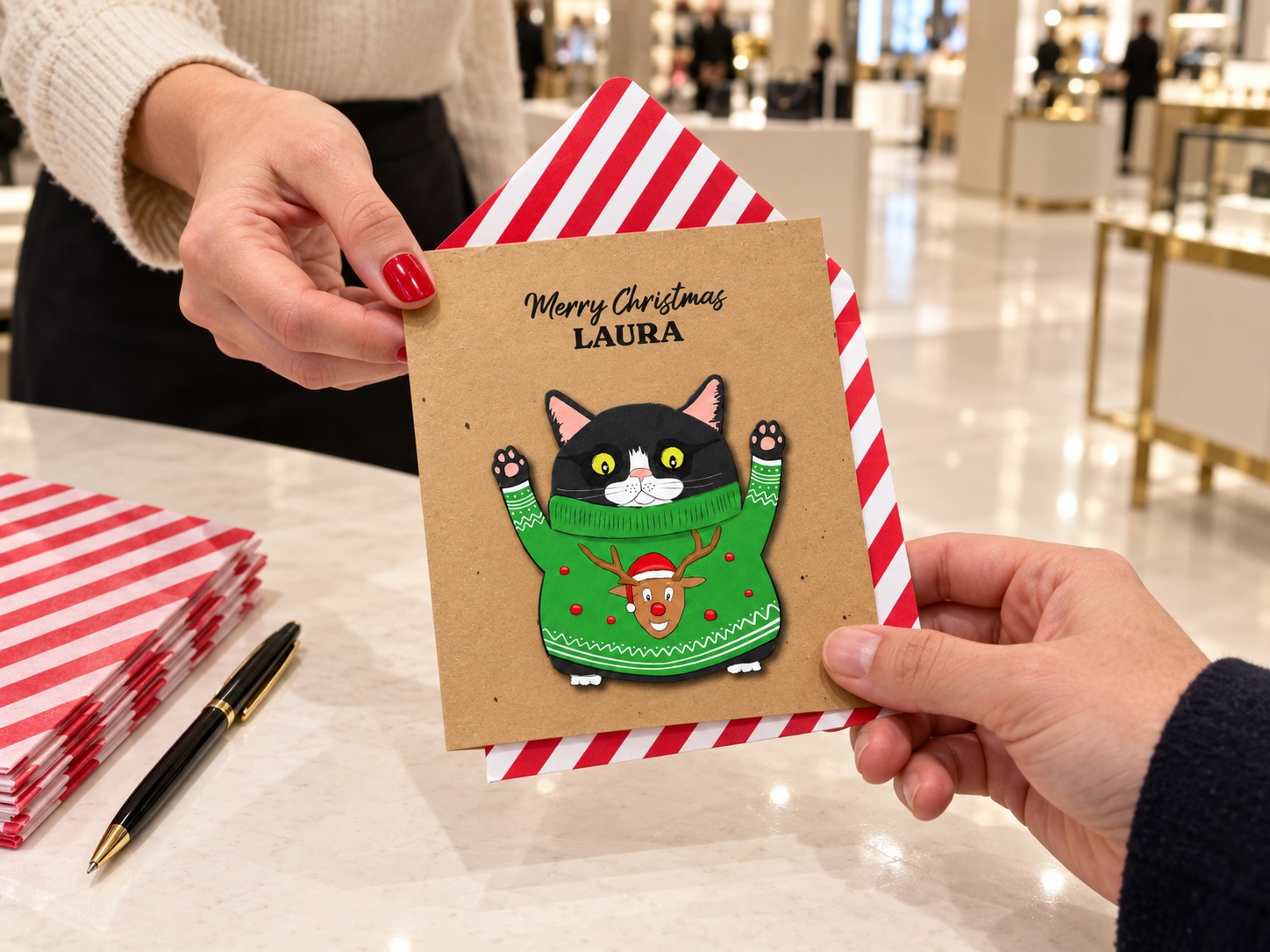 A personalised Christmas card reading “Merry Christmas Laura”, with a cat in a reindeer jumper, being handed across a counter with a red striped envelope
