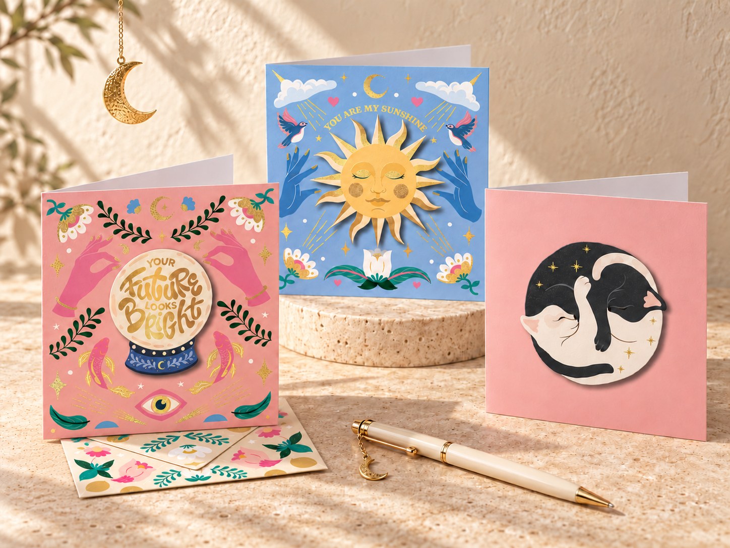 Three Wild Moon cards with gold details: a crystal ball reading “Your future looks bright”, a sun with the words “You are my sunshine” and a curled-up black and white cat